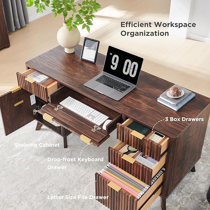 T4TREAM 60'' Fluted Executive Desk with Drawers, Modern Home Office Computer Desk with Charging Station, Keyboard Tray, File Drawer and Storage Cabinet for Study, Living Room, Bedroom, Dark Walnut