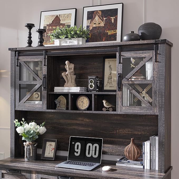 RedLemon 60" Farmhouse Desk with Hutch, Wood Home Office Executive Desk with Drawer, Charging Station, Keyboard Tray, File Drawer, Storage Cabinet, Rustic Writing Computer Desk (Dark Rustic Oak)