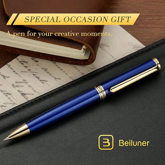 BEILUNER Personalized Blue Lacquer Gel Pen - Stunning Luxury Pen with 24K Gold Finish, ADMOK Black Refill, Executive Gift Set for Family & Friends, Writing, Fancy, Office, Retractable Pens