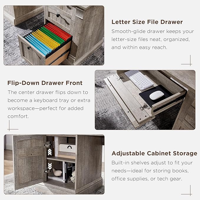 OKD 60" Executive Desk with Hutch and Drawers, Farmhouse Home Office Desk with Charging Station, Keyboard Tray, File Cabinet Storage, Wood Computer Desk for Work and Study, Light Rustic Oak