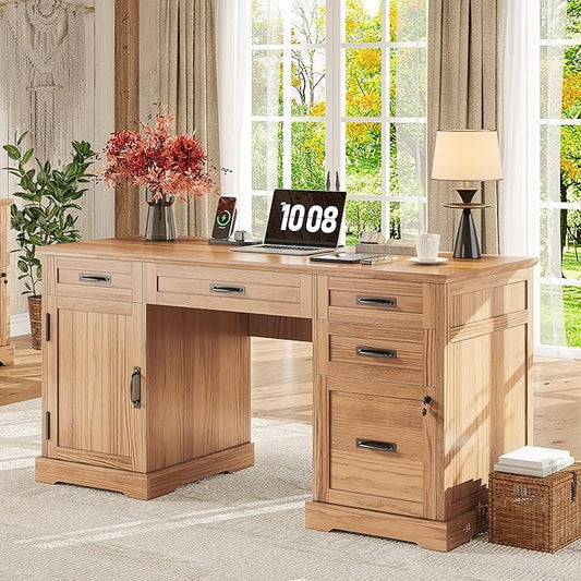 Whalefall 55'' Farmhouse Desk Home Office with Drawers, Executive Computer Desk Wooden with File Cabinet and Charging Station, Light Walnut