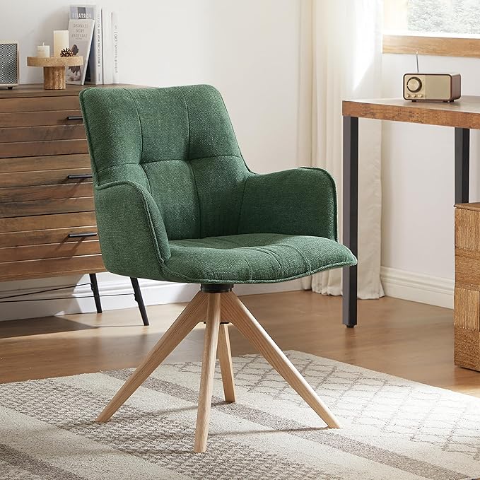 Art Leon Office Chair No Wheels - Mid Century Modern Swivel Desk Chair, Faux Leather Upholstered Accent Chair with Oak Wood Legs for Small Space Living Room Bedroom, Green