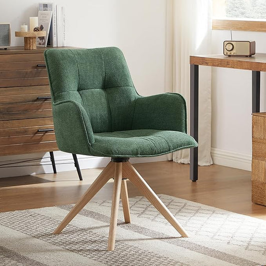 Art Leon Office Chair No Wheels - Mid Century Modern Swivel Desk Chair, Faux Leather Upholstered Accent Chair with Oak Wood Legs for Small Space Living Room Bedroom, Green