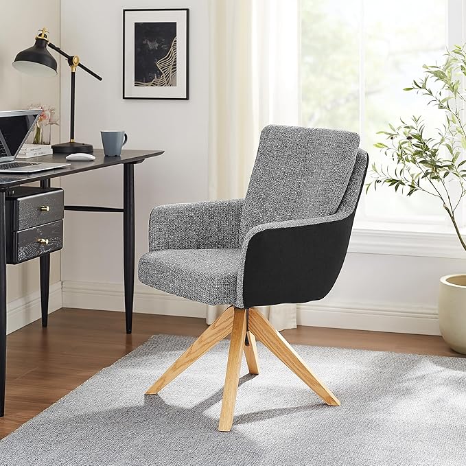 Art Leon Desk Chair Without Wheels - Set of 2 Mid Century Modern Swivel Accent Chair, Fabric Upholstered Armchair with Oak Wood Legs for Living Room Home Office, Gray Black