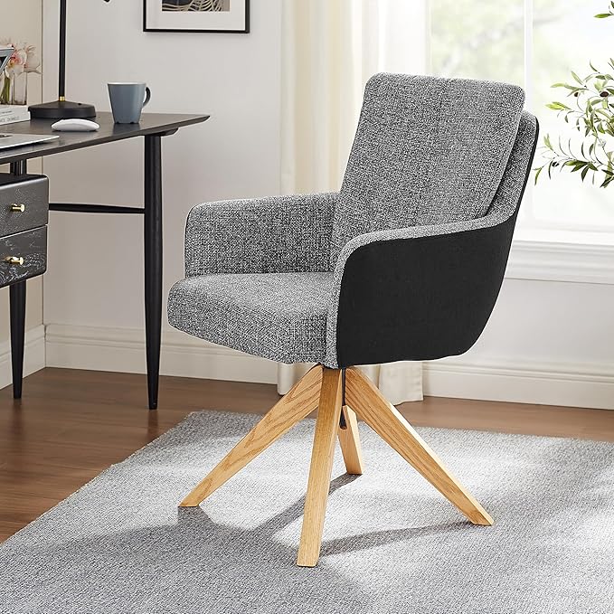 Art Leon Office Chair No Wheels - Mid Century Modern Desk Chair, Fabric Upholstered Desk Chair Swivel Accent Chair with Oak Wood Legs for Living Room Home Office, Gray Black