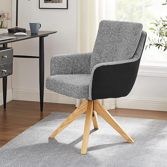 Art Leon Office Chair No Wheels - Mid Century Modern Desk Chair, Fabric Upholstered Desk Chair Swivel Accent Chair with Oak Wood Legs for Living Room Home Office, Gray Black