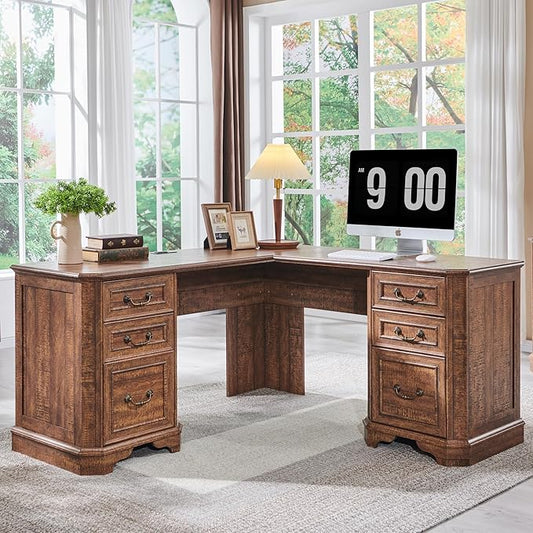T4TREAM 59" Executive L Shaped Desk with Drawers,Farmhouse Wood Computer Coner Desk,Featuring Charging Station,File Drawer, Storage Cabinet,for Home Office Work and Study (Reclaimed Barnwood)
