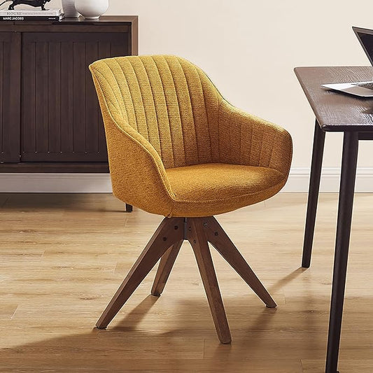 Art Leon Desk Chair No Wheels - Mid Century Modern Office Chair, Swivel Accent Chair with Oak Wood Legs, Fabric Upholstered Arm Chair, Yellow