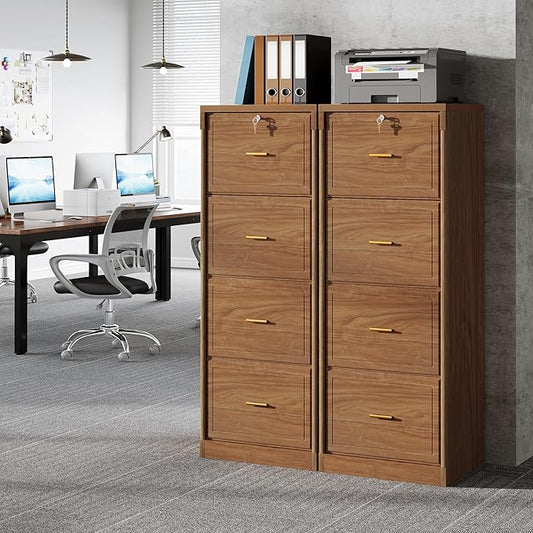Tribesigns 4-Drawer File Cabinet with Lock, Locked File Cabinet with Key, Tall Wooden Filing Cabinets for Home Office, Vertical Office Storage for Legal Size/Letter/A4/Files, Brown (2 Pieces)