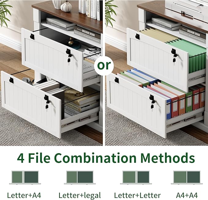Loomie White 2 Drawer File Cabinet with Lock & Charging Station,37'' Farmhouse Lateral Filing Cabinet with Open Storage Shelves for Home Office,Wood Printer Stand for Files/Letter/Legal/A4/F4 Size