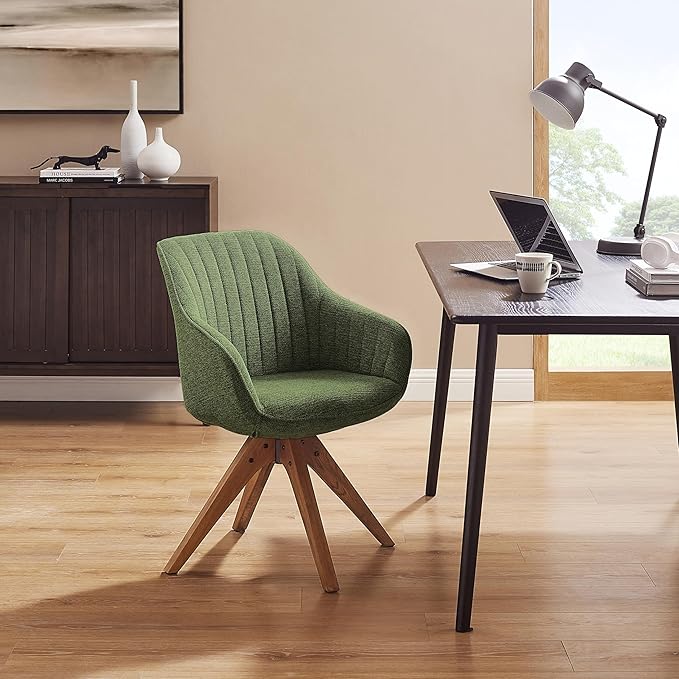 Zouron Mid Century Modern Accent Chair with Wooden Legs, Swivel Desk Chair No Wheels, Upholstered Side Armchair Vanity Chair for Small Space Home Office Living Room Bedroom, Green