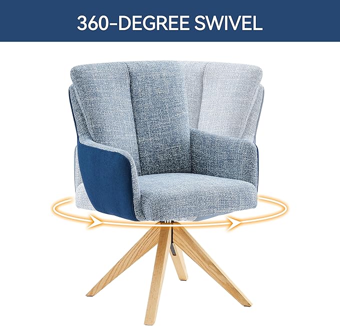 Art Leon Mid Century Desk Chair - Office Chair No Wheels, Modern Swivel Accent Chair, Fabric Upholstered Armchair with Oak Wood Legs for Living Room Home Office, Blue