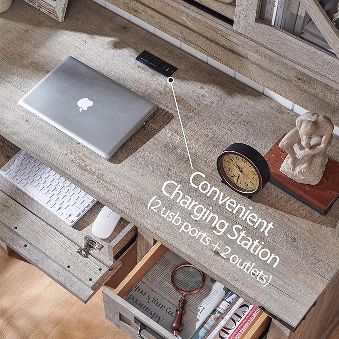 RedLemon 60" Farmhouse L Shaped Desk with Hutch, Wood Home Office Executive Desk with Drawer, Charging Station, File Drawer, Storage Cabinet, Rustic Writing Computer Desk (Light Rustic Oak)