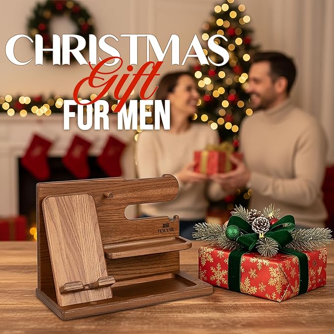 TESLYAR Wood Phone Docking Station for Men - Desk or Nightstand Organizer - Birthday Gifts for Husband or Dad - Anniversary Idea from Wife - Key Holder, Stand Wallet, Watch & Essentials (Earth Beige)