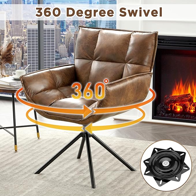Desk Chair No Wheels, 360° Swivel Mid Century Modern Desk Chairs, Upholstered Faux Leather Swivel Accent Chair with Arms, Criss Cross Office Chair Without Wheels(Dark Brown, x1)