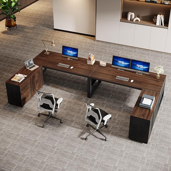 Tribesigns 63-Inch L-Shaped Executive Desk with Mobile File Cabinet, Large Office Computer Desk, Business Furniture Table with Drawers and Storage Shelves for Home Office, Dark Walnut & Black