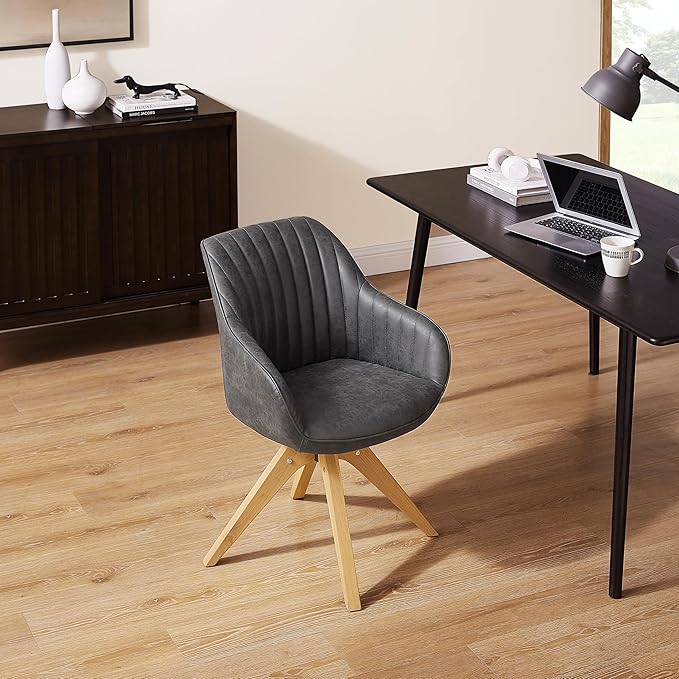 Art Leon Office Chair No Wheels, Mid Century Modern Desk Chair, Swivel Accent Chair with Oak Wood Legs, Faux Leather Upholstered Armchair for Desk, Black