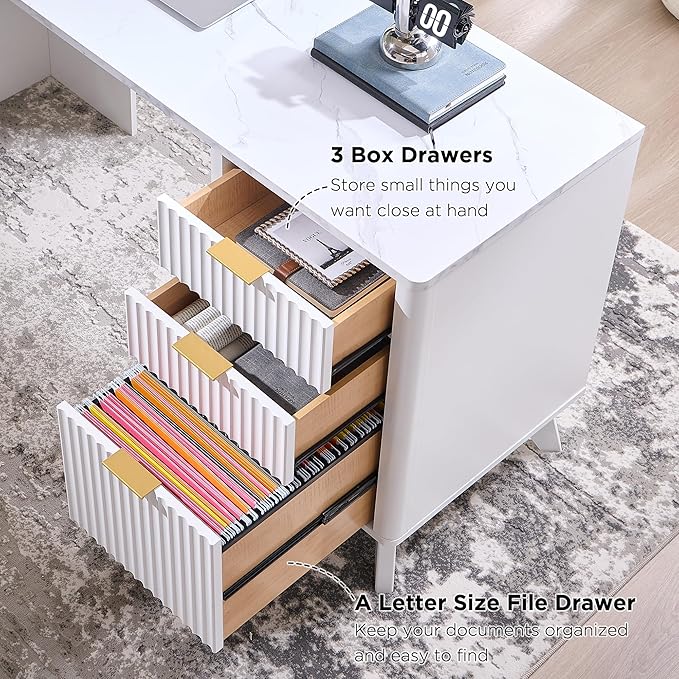 T4TREAM 60'' Fluted Executive Desk with Drawers, Modern Home Office Computer Desk with Charging Station, Keyboard Tray, File Drawer and Storage Cabinet for Study, Living Room, Bedroom, Solid White