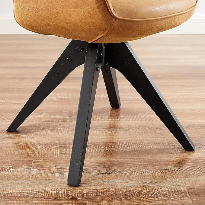 Art Leon Office Chair No Wheels, Mid Century Modern Desk Chair, Swivel Accent Chair with Oak Wood Legs, Faux Leather Upholstered Armchair for Desk, Brown