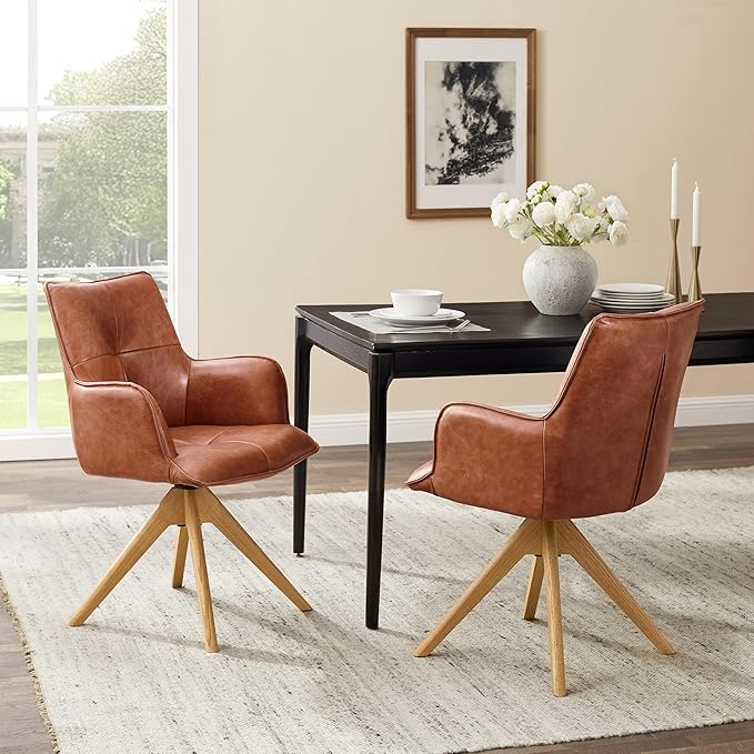 Art Leon Mid Century Desk Chair - Genuine Leather Upholstered Office Chair No Wheels, Swivel Accent Chair with Black Oak Wood Legs for Small Space Living Room Bedroom, Set of 2, Red Brown