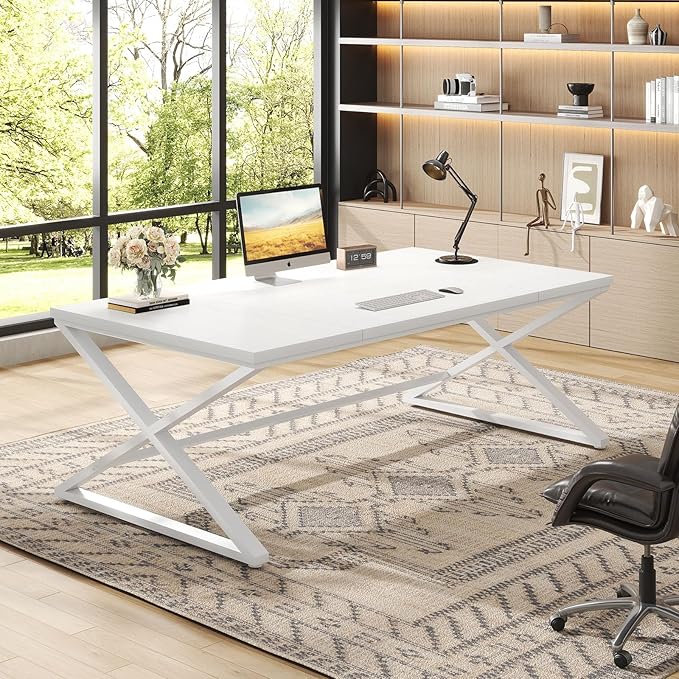 IBF Long White Computer Desk, Modern Simple Large Home Office Desk, Wood Metal Work Study Writing Table for 2 Monitors, Double Pc Gaming Executive Workstation in Bedroom Living Room, White Oak,70 in
