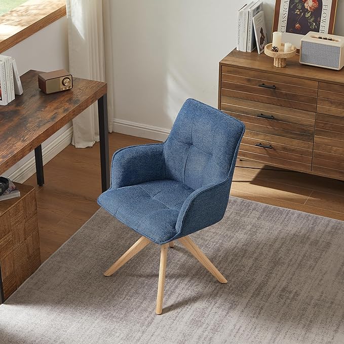 Art Leon Office Chairs Set of 2 - Mid Century Modern Desk Chair No Wheels, Fabric Upholstered Swivel Accent Chair with Oak Wood Legs, Blue