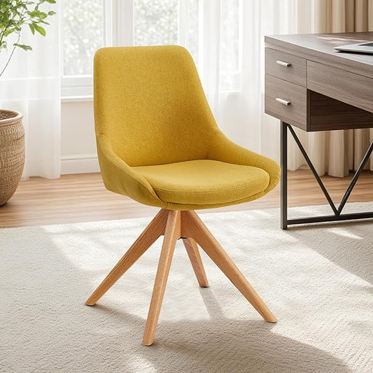 Zouron Desk Chair with Wood Legs, Fabric Swivel Office Chair No Wheels, Armless Accent Side Chairs for Small Space Bedroom Office, Yellow