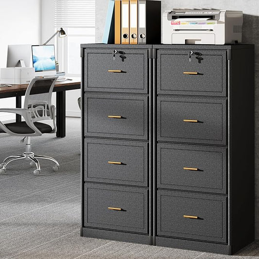Tribesigns 4-Drawer File Cabinet with Lock, Locked File Cabinet with Key, Tall Wooden Filing Cabinets for Home Office, Vertical Office Storage for Legal Size/Letter/A4/Files, Black (2 Piece)