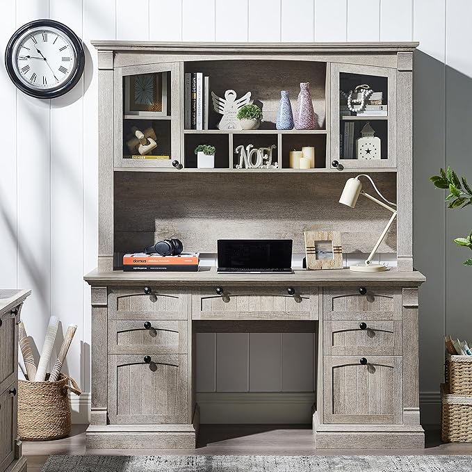 OKD Farmhouse Hutch for 60" Executive Desk, Office Desk Storage Cabinet with Glass Doors and Shelves, Top Hutch Organizer for Home Office - Light Rustic Oak