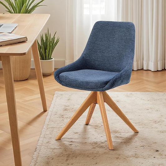 Art Leon Mid Century Modern Desk Chair No Wheels, Swivel Upholstered Armchair with Solid Wood Legs for Home Office, Fabric, Blue