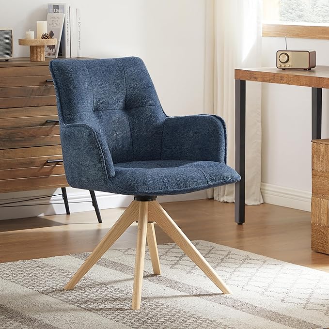 Art Leon Swivel Armchair - Mid Century Modern Office Chair No Wheels, Fabric Upholstered Accent Chair with Oak Wood Legs for Small Space Living Room Bedroom, Blue