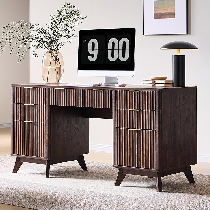 T4TREAM 60'' Fluted Executive Desk with Drawers, Modern Home Office Computer Desk with Charging Station, Keyboard Tray, File Drawer and Storage Cabinet for Study, Living Room, Bedroom, Dark Walnut