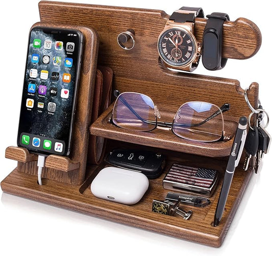 TESLYAR Wood Phone Docking Station for Men - Desk or Nightstand Organizer - Birthday Gifts for Husband or Dad - Anniversary Idea from Wife - Key Holder, Stand Wallet, Watch & Essentials (Earth Beige)