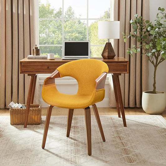 Art Leon Mid Century Office Chair - Modern Desk Chair No Wheels, Fabric Upholstered Wood Desk Chair, Office Chair with Wood Legs for Living Room Bedroom, Walnut Bentwood, Yellow