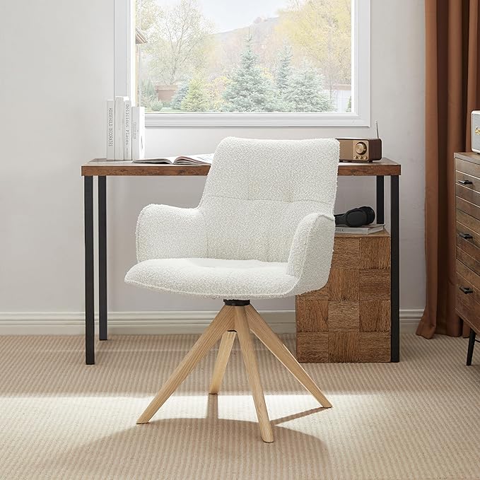 Art Leon Desk Chair No Wheels - Mid Century Modern Swivel Accent Chair, Boucle Fabric Upholstered Office Chair with Oak Wood Legs for Small Space Living Room Bedroom, Off White