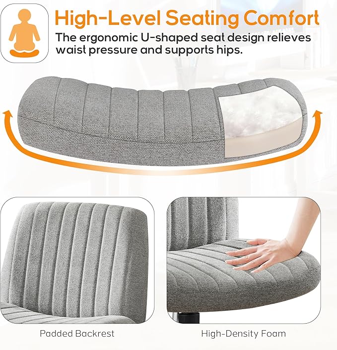 DUMOS Criss Cross Chair Legged Office Wide Comfy Desk Seat, No Wheels Armless Computer Task Seating, Swivel Vanity Home Height Adjustable