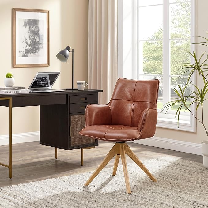 Art Leon Mid Century Desk Chair - Genuine Leather Upholstered Office Chair No Wheels, Swivel Accent Chair with Black Oak Wood Legs for Small Space Living Room Bedroom, Set of 2, Red Brown