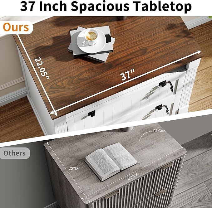 Loomie White 2 Drawer File Cabinet with Lock & Charging Station,37'' Farmhouse Lateral Filing Cabinet with Open Storage Shelves for Home Office,Wood Printer Stand for Files/Letter/Legal/A4/F4 Size