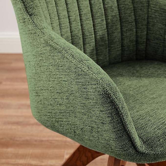 Zouron Mid Century Modern Accent Chair with Wooden Legs, Swivel Desk Chair No Wheels, Upholstered Side Armchair Vanity Chair for Small Space Home Office Living Room Bedroom, Green