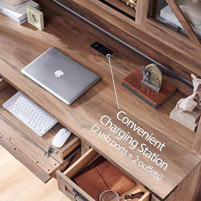 RedLemon 60" Farmhouse L Shaped Desk with Hutch, Wood Home Office Executive Desk with Drawer, Charging Station, File Drawer, Storage Cabinet, Rustic Writing Computer Desk (Rustic Natural Oak)