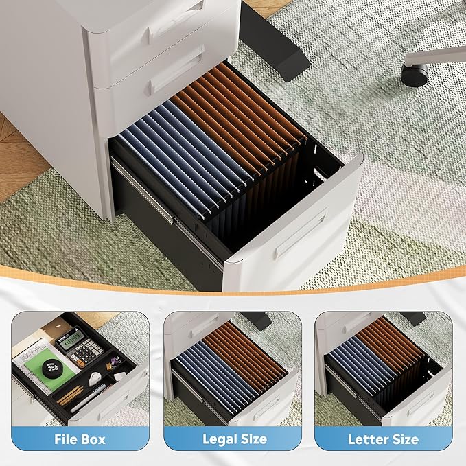 DEVAISE 3-Drawer File Cabinet, White Locking File Cabinet on Wheels, Fully Assembled Mobile Filing Cabinet for Office, 17.7" D x 11.8" W x 22.8" H