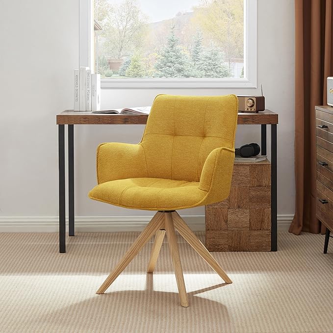 Art Leon Mid Century Modern Desk Chair - Fabric Upholstered Office Chair No Wheels, Swivel Armchair with Oak Wood Legs for Small Space Living Room Bedroom, Set of 2, Yellow