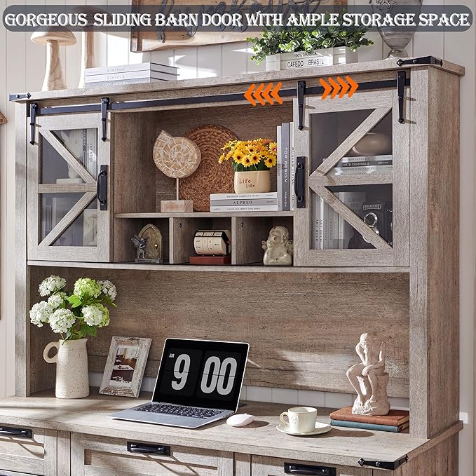 RedLemon 60" Farmhouse L Shaped Desk with Hutch, Wood Home Office Executive Desk with Drawer, Charging Station, File Drawer, Storage Cabinet, Rustic Writing Computer Desk (Light Rustic Oak)