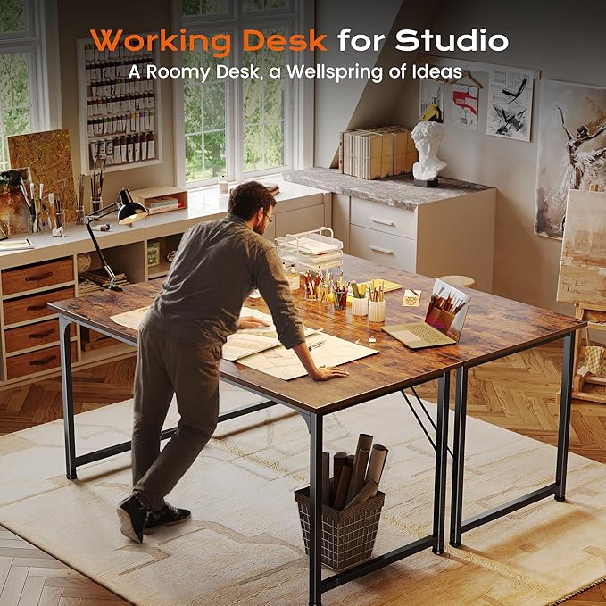 PRAISUN 54 X 24 Inch Computer Desk with Deeper Desktop, Gaming Office Writing Work Desk for Home Office, Study, Bedroom, Work from Home, Metal Frame, Rustic Brown