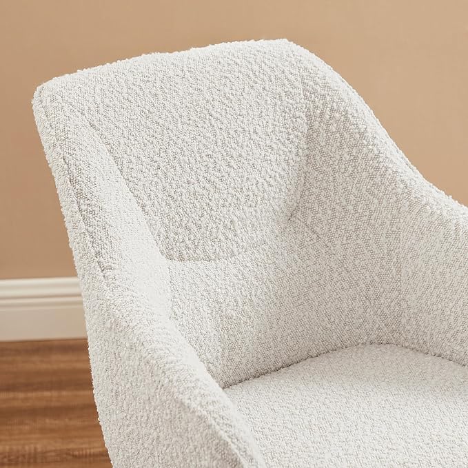 Art Leon Desk Chair No Wheels, Mid Century Modern Office Chair, Swivel Accent Chair with Oak Wood Legs, Boucle Fabric Upholstered Arm Chair, White