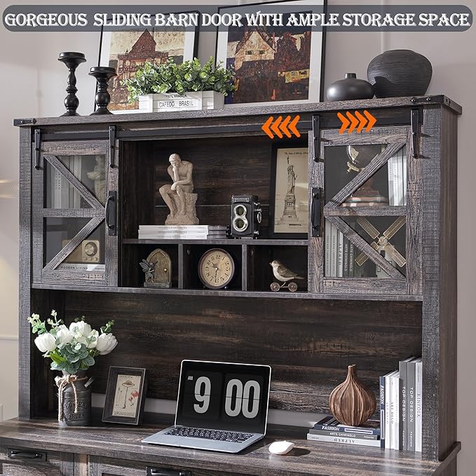 RedLemon 60" Farmhouse L Shaped Desk with Hutch, Wood Home Office Executive Desk with Drawer, Charging Station, File Drawer, Storage Cabinet, Rustic Writing Computer Desk (Dark Rustic Oak)