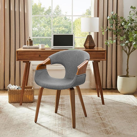 Art Leon Mid Century Office Chair - Modern Desk Chair No Wheels, Fabric Upholstered Wood Desk Chair, Office Chair with Wood Legs for Living Room Bedroom, Walnut Bentwood, Grey