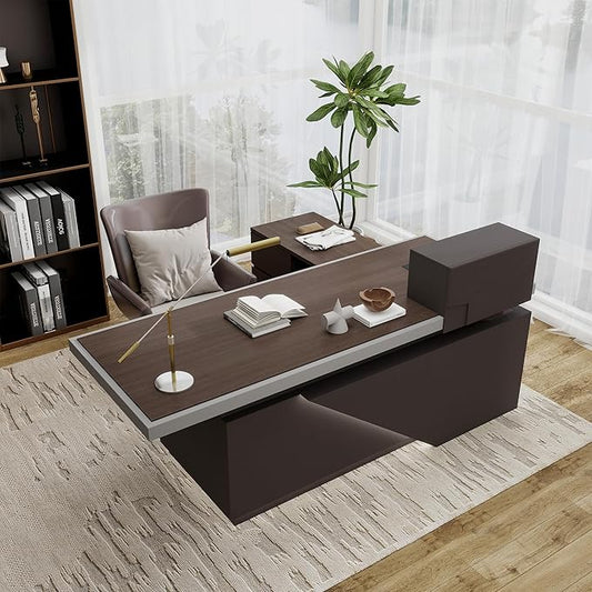 SAINTCY 78" Executive Desk with Drawers - L Shaped Desk with File Cabinet, Black Executive Office Desks with LED Light, Home Office Desk,2.6" Thickened Desktop