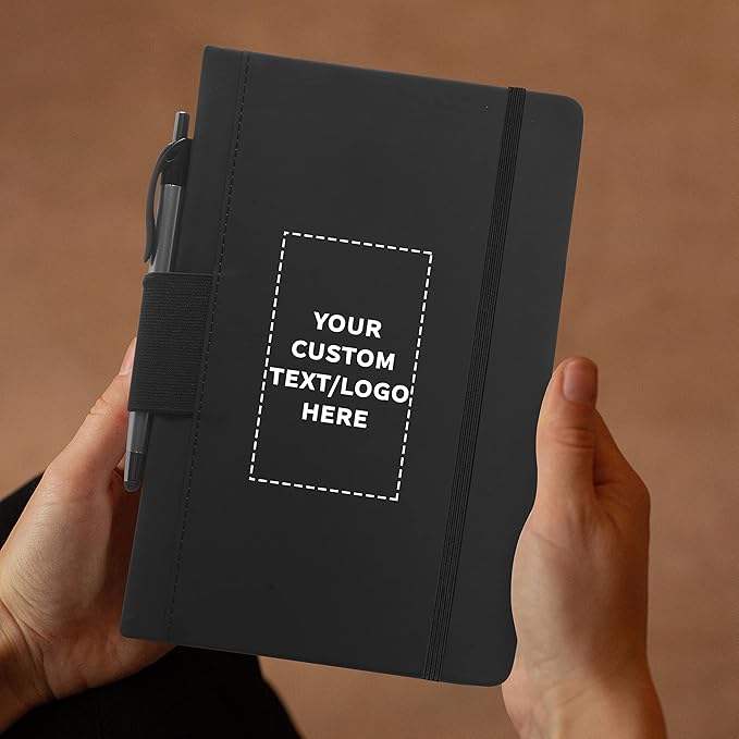 DISCOUNT PROMOS 50 Executive Notebooks with Pen Pack - Customizable Text, Logo - 6 x 8.5 inches, Recycled, Pen Loop, Closure Strap - Black