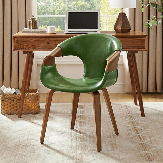 Art Leon Mid Century Office Chair - Modern Desk Chair No Wheels, Faux Leather Upholstered Wood Desk Chair, Office Chair with Wood Legs for Living Room Bedroom, Walnut Bentwood, Green